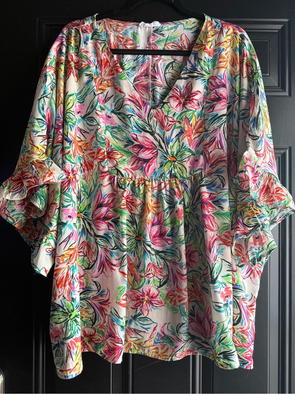 Floral V-Neck Flutter Sleeve Blouse - floral 1x top women’s